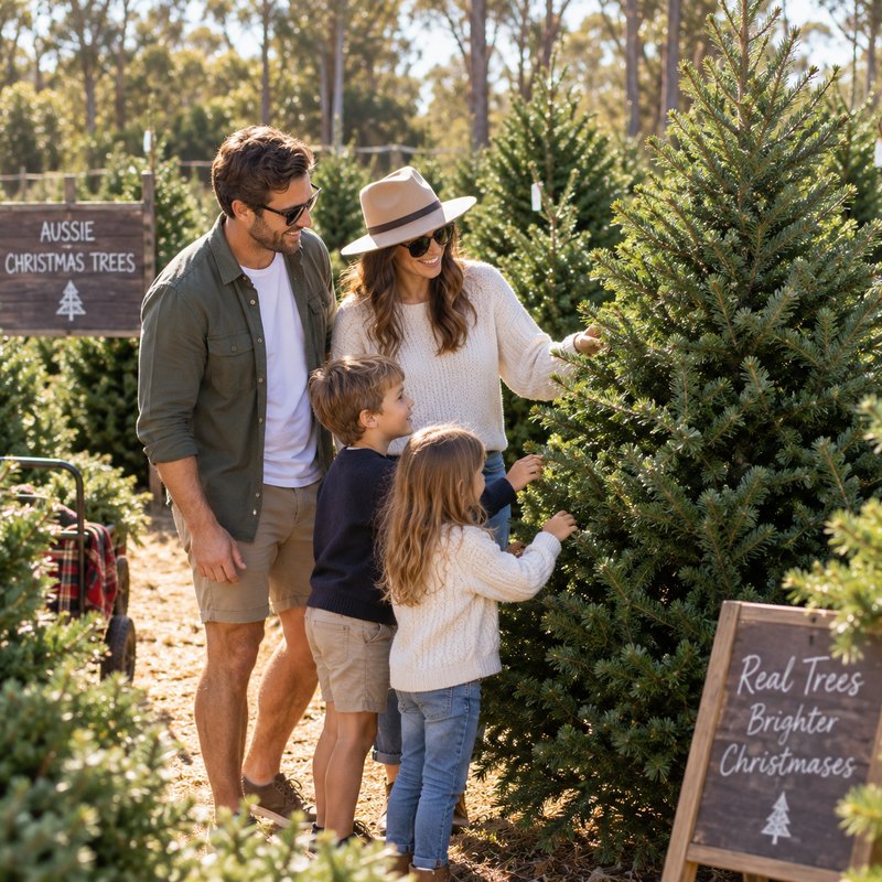 A family choosing a real Christmas tree at a nursery